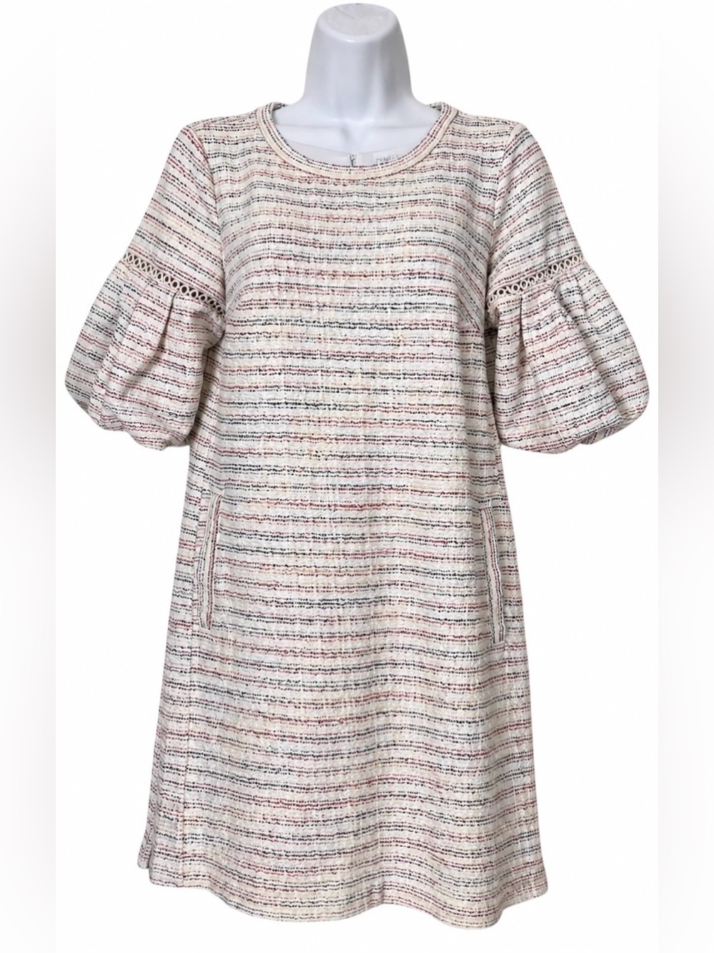 LOFT Women’s Cream Striped Scoop Neck Puff-Sleeve A Line Mini Dress Size S